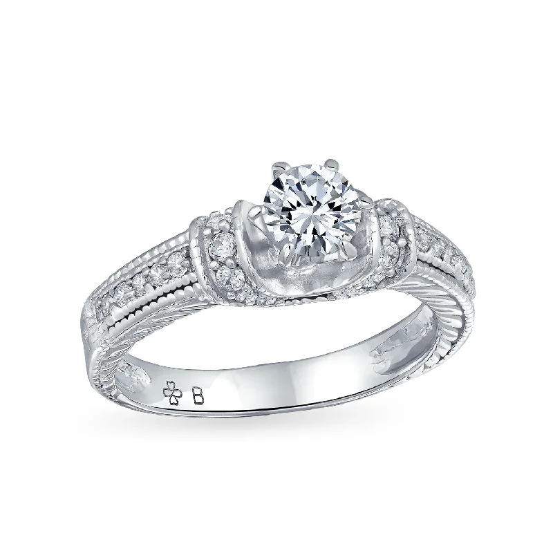 Ladies engagement rings rugged brilliance -Vintage Art Deco 1CT Round Solitaire CZ Engagement Ring with Filigree Details