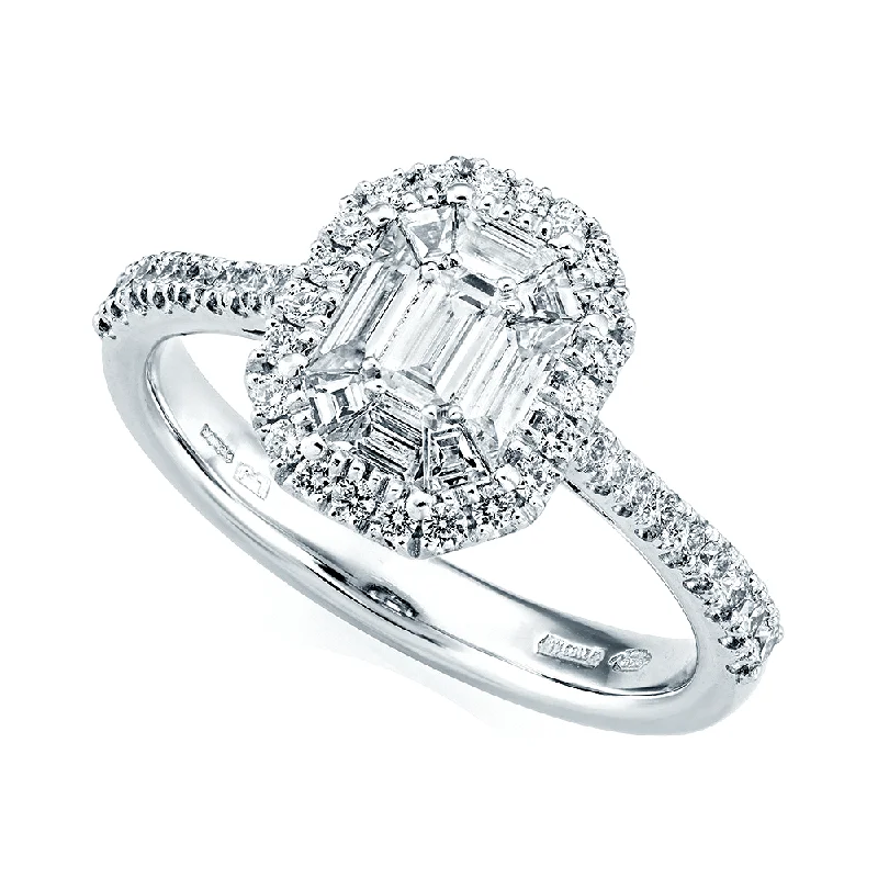 Ladies engagement rings stylish vows -Platinum Emerald Cut & Double Diamond Surround Engagement Ring