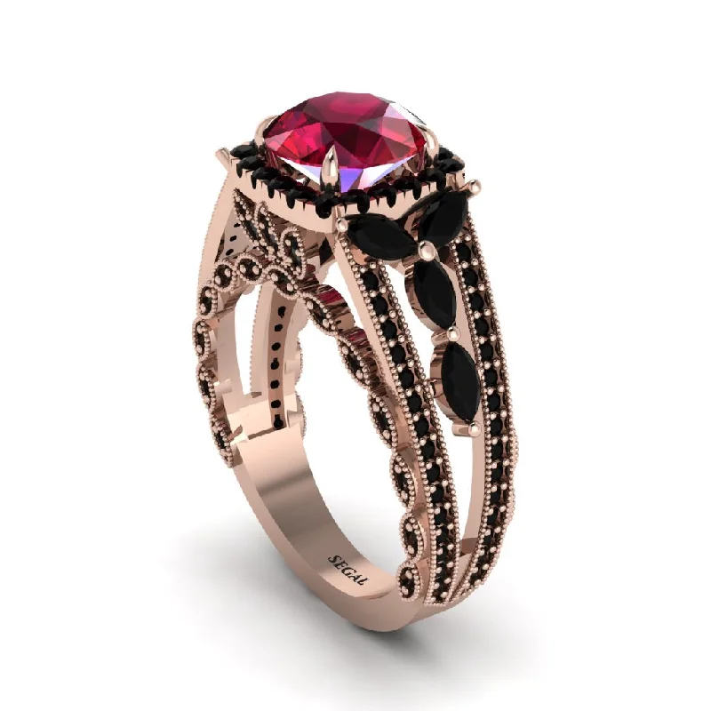 Ladies engagement rings with arch accents -Ruby Eternal Embrace Double Shank Filigree Engagement Ring - Celine No. 41