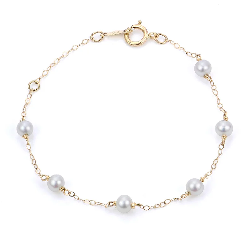 ladies-gemstone-wire-bracelets-Child's 4MM Pearls Station Bracelet, 6 Inches, 14K Yellow Gold