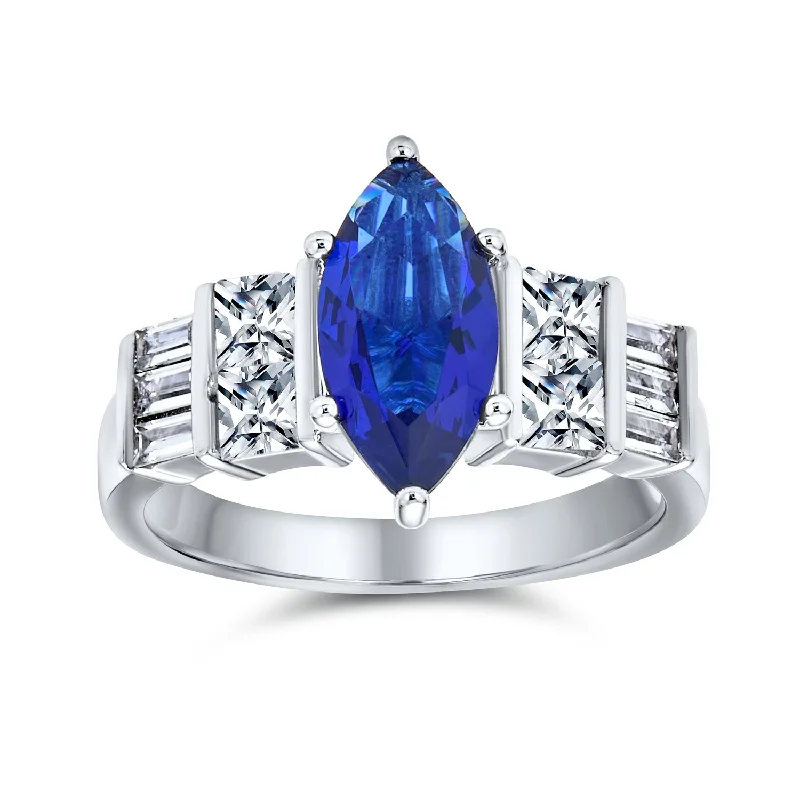 Ladies engagement rings fine romance -Vintage Art Deco Halo Blue Simulated Sapphire Engagement Ring Sterling Silver