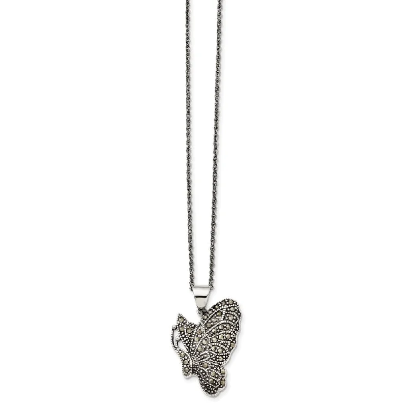 ladies-birthstone-rope-necklaces-Marcasite Butterfly Necklace in Antiqued Stainless Steel, 20 Inch