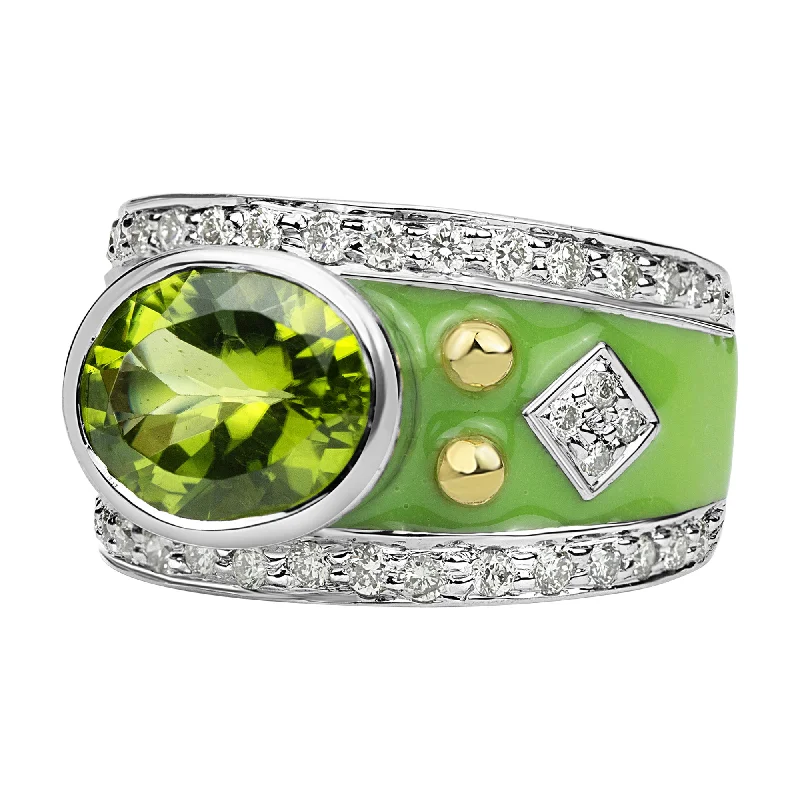 Ladies rings for red-carpet nights -Ring - Peridot And Diamond (enamel)