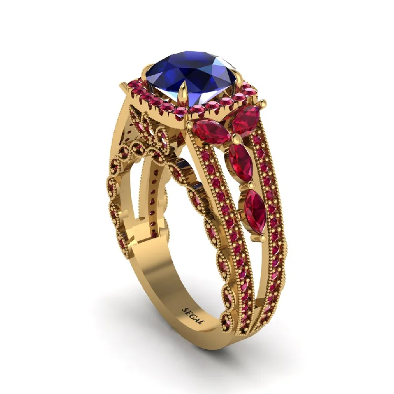 Ladies engagement rings with whisker accents -Sapphire Eternal Embrace Double Shank Filigree Engagement Ring - Celine No. 58