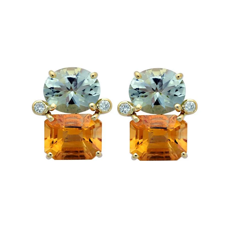 Ladies earrings with crown drops -Earrings-Green Quartz, Citrine and Diamond  (2143F)