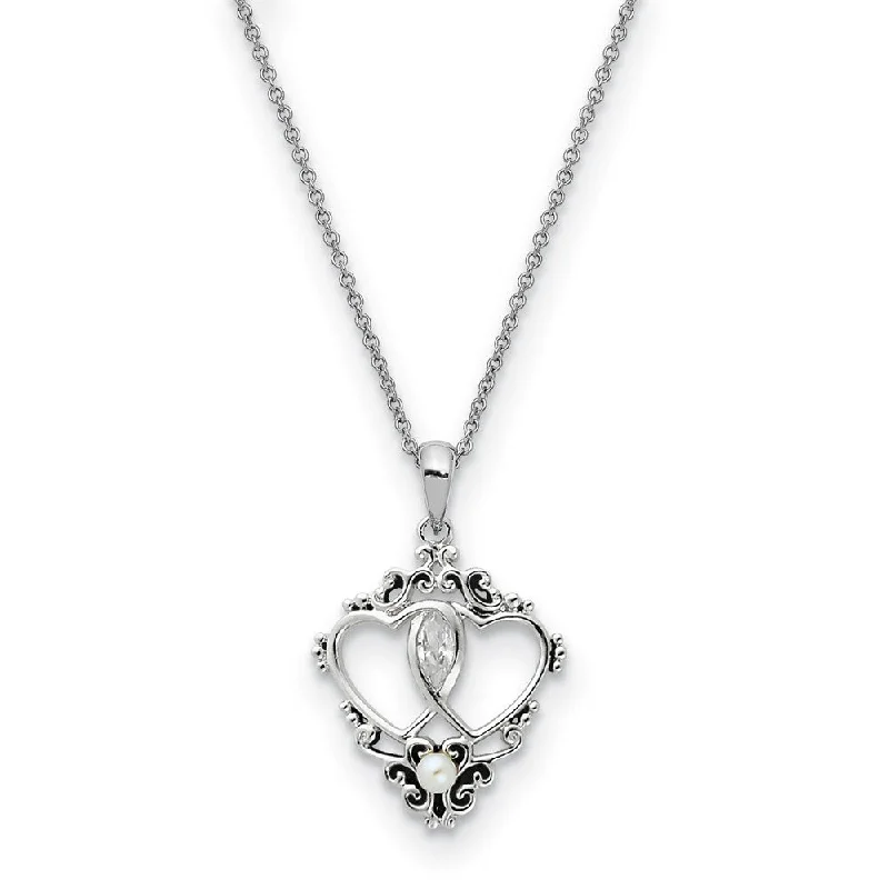 ladies-sterling-silver-box-necklaces-Sterling Silver, FW Cultured Pearl & CZ Two Hearts, One Love Necklace