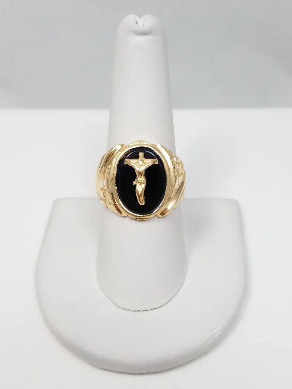 Ladies rings with crystal inlays -Crucifix Onyx 10k Yellow Gold Ring