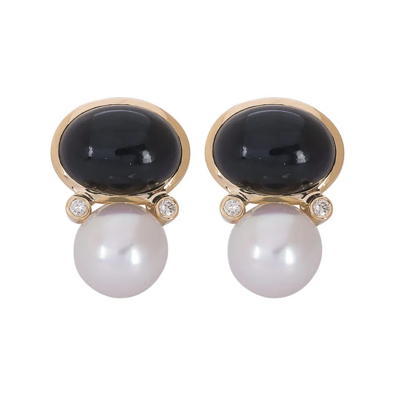 Ladies earrings with orb studs -EARRINGS- BLACK ONYX, S.S. PEARL AND DIAMOND IN 18K GOLD