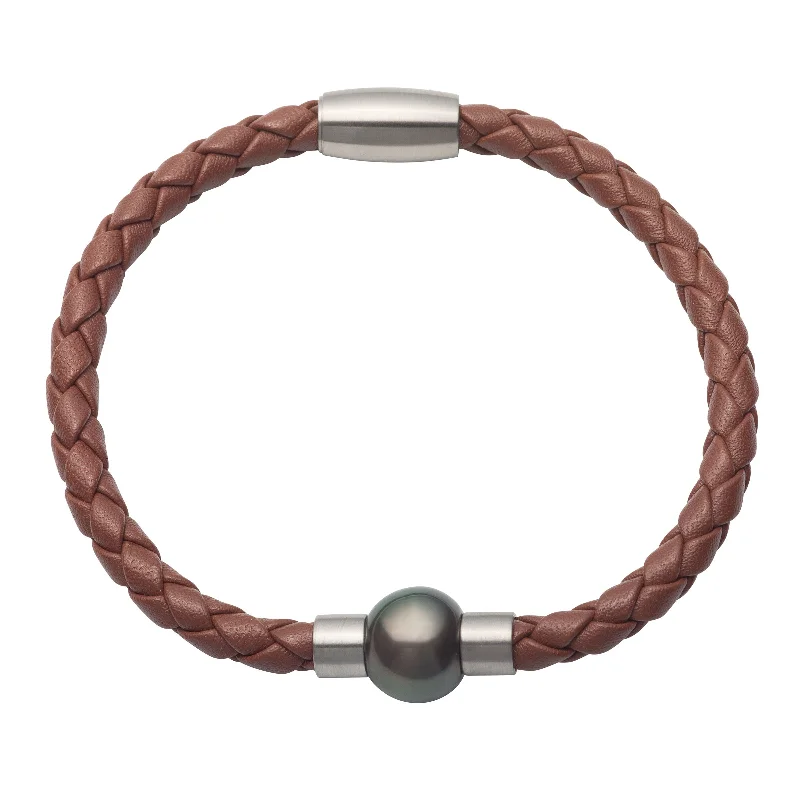 ladies-charm-silver-bracelets-Tahitian Cultured Pearl and Brown Leather Bracelet, 8.25 Inches