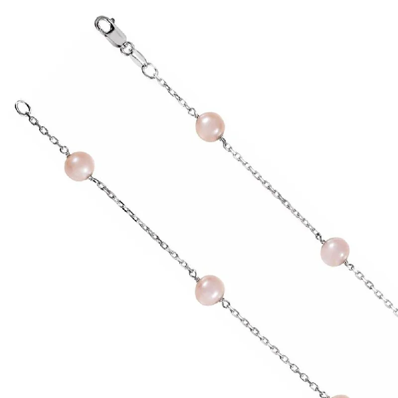 ladies-diamond-woven-necklaces-6mm Sterling Silver FW Pink Cultured Pearl Station Necklace, 18 Inch