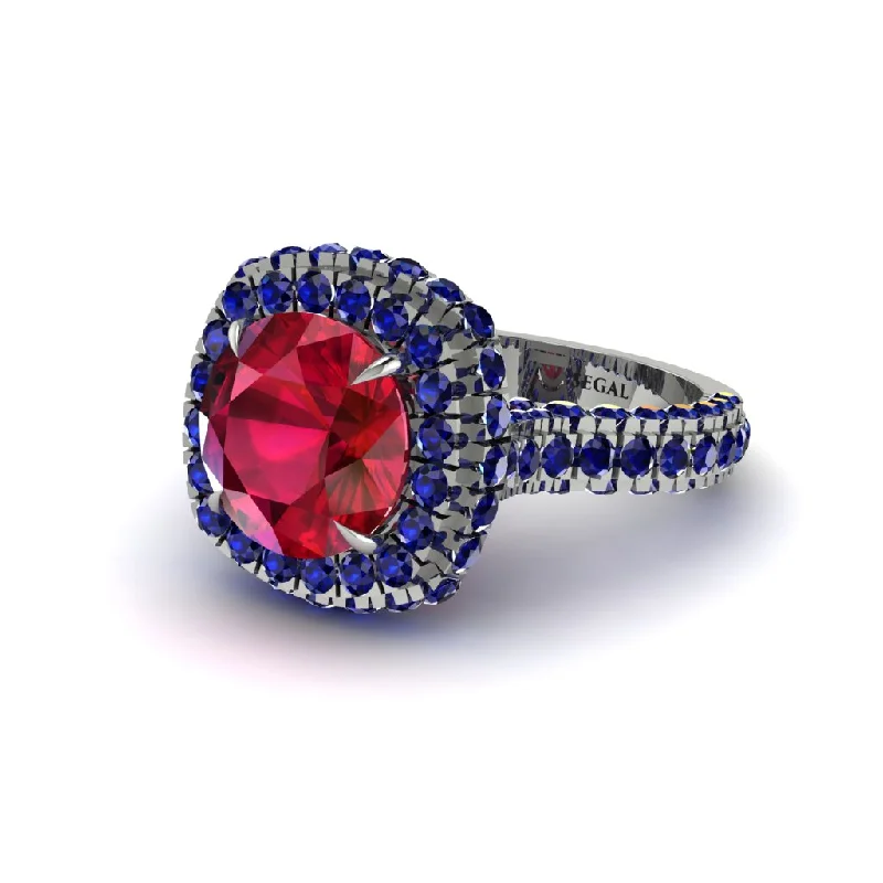 Ladies engagement rings with spire settings -Ruby Pave Double Halo Engagement Ring - Eve No. 72