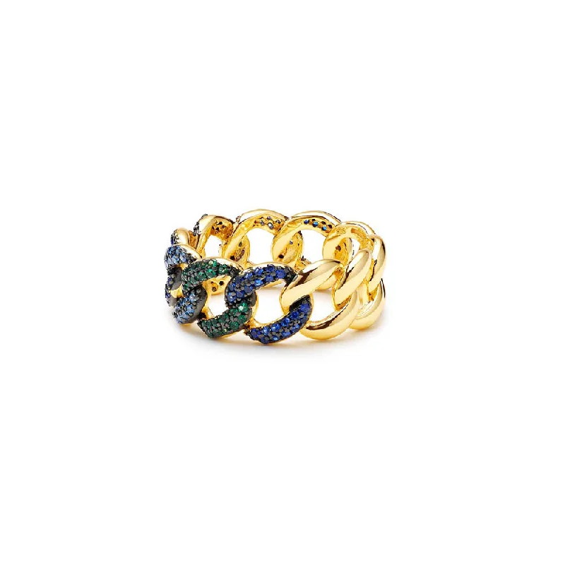 Ladies rings crafted beauty -THE BLUE & GREEN HALF STONE CUBAN LINK RING