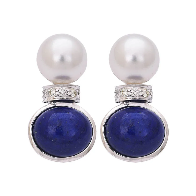 Ladies earrings for proud moms -EARRINGS- LAPIS LAZULI, S.S. PEARL AND DIAMOND IN STERLING SILVER