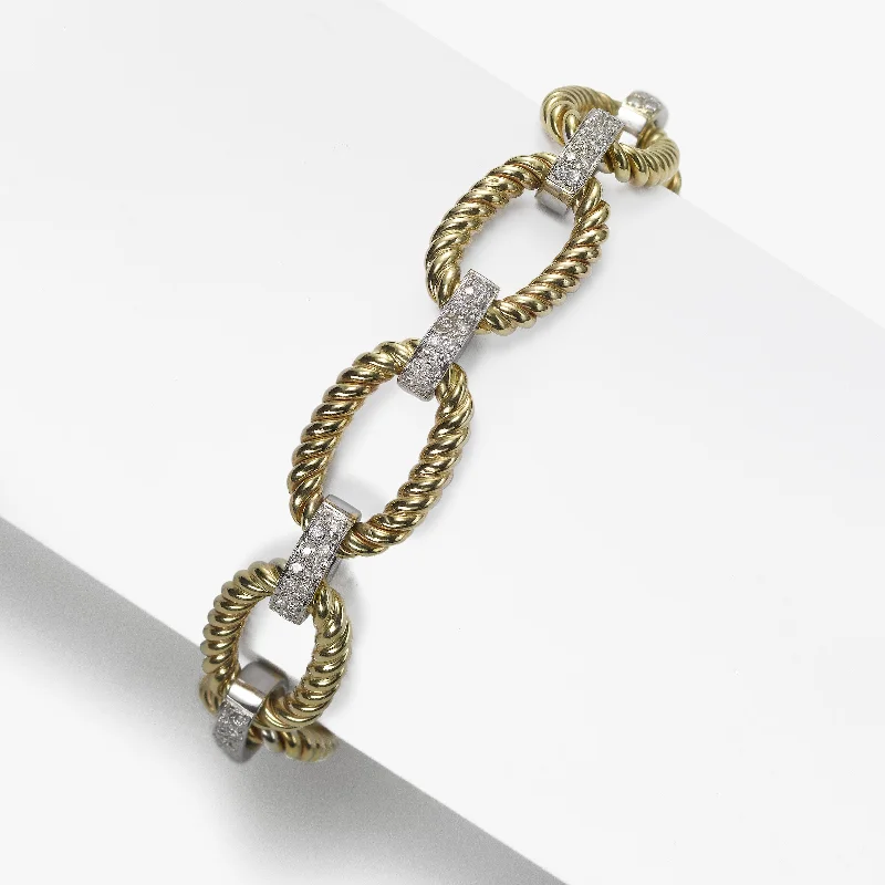 ladies-rustic-rope-bracelets-Oval Twist Link Gold Bracelet with Diamonds, .85 Carat, 14K Yellow and White Gold