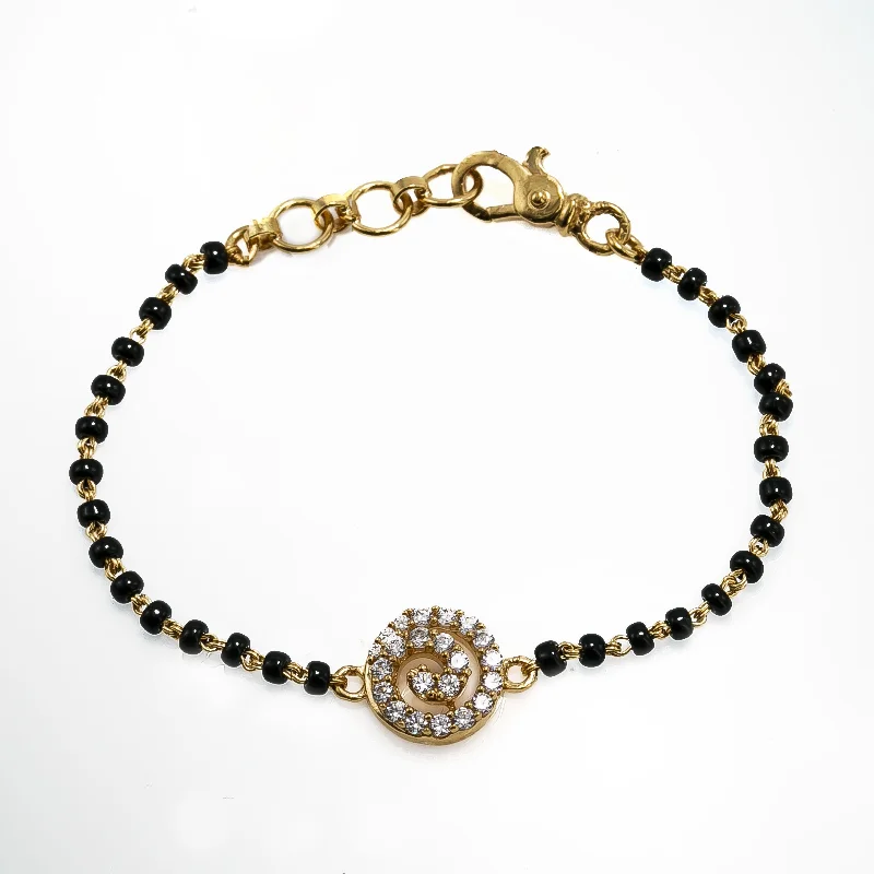 ladies-handmade-wire-bracelets-22K Yellow Gold Black Bead Bracelet W/ CZ Gems & Swirl Pendant