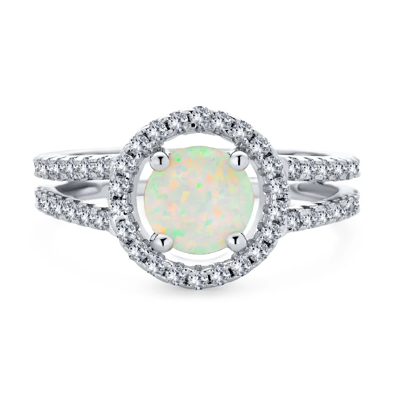 Ladies engagement rings modern romance -Pave CZ Halo 3CT Round Solitaire Opal Engagement Ring with Split Shank Band