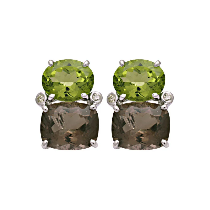 Ladies earrings with crystal drops -Earrings-Peridot, Smokey Quartz and Diamond