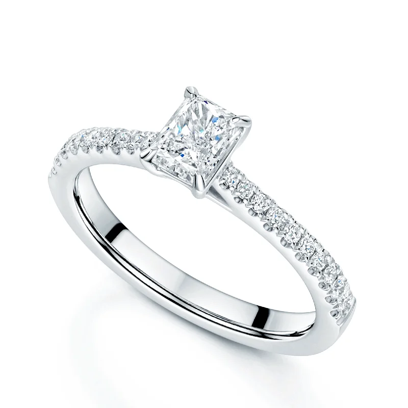 Ladies engagement rings for pioneer vows -Platinum Emerald Cut Diamond Engagement Ring With Diamond Set Shoulders