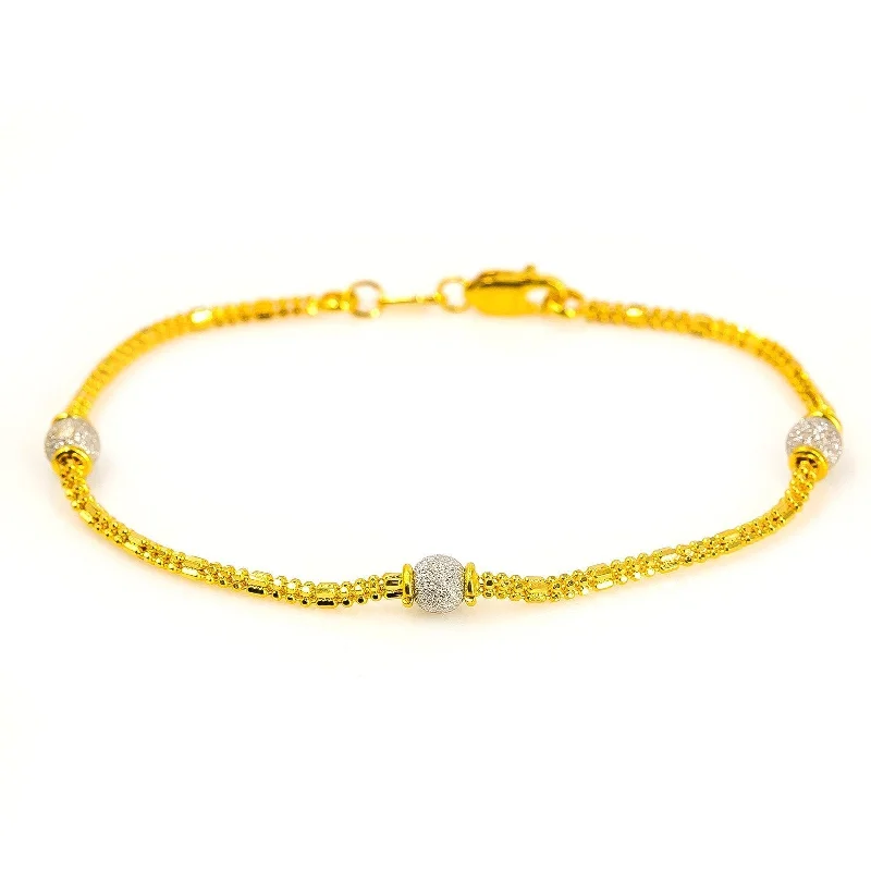 ladies-trendy-pearl-bracelets-22K Multi Tone Gold Bracelet W/ Textured Yellow Gold Chain & White Gold Bead Accents, Size 7