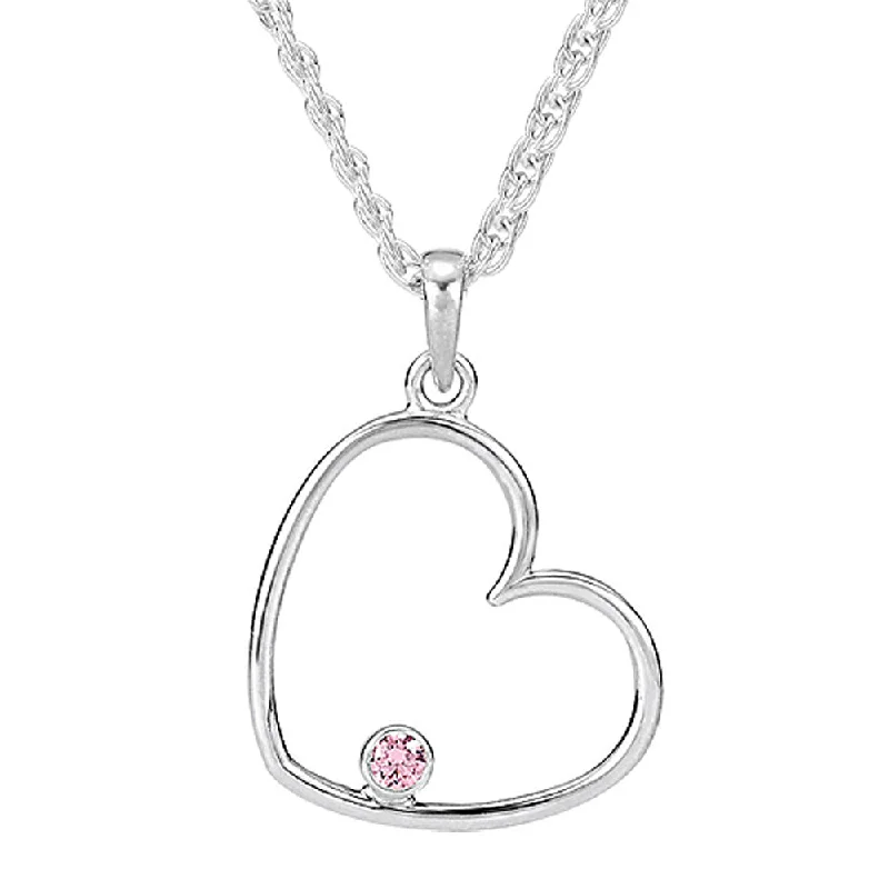 ladies-diamond-rope-necklaces-Pink Cubic Zirconia Heart Necklace in Sterling Silver, 18 Inch