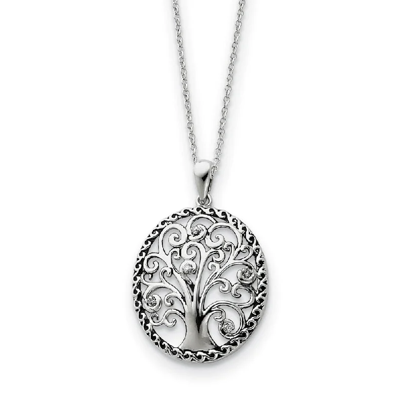 ladies-party-link-necklaces-Rhodium Plated Sterling Silver & CZ Tree of Life Necklace, 18 Inch