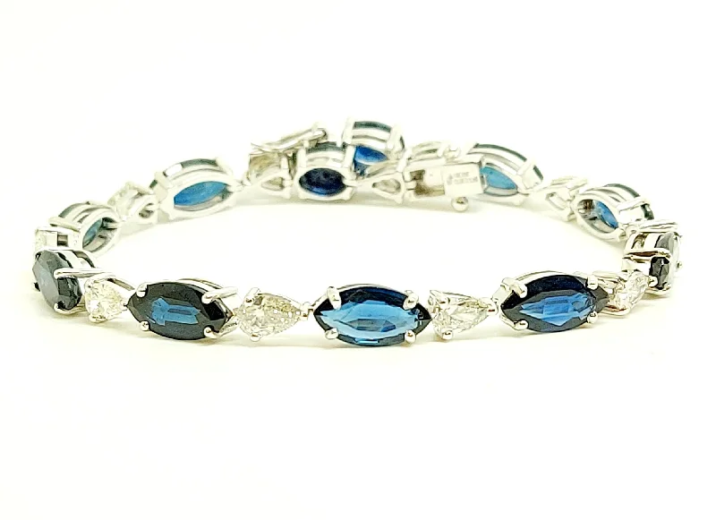 ladies-infinity-pearl-bracelets-Marquise Blue Sapphire and Pear Shape Diamond Bracelet in 14k White Gold