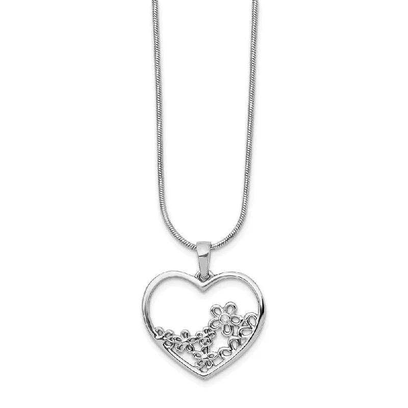 ladies-gift-box-necklaces-Heart & Flower Diamond Necklace in Rhodium Plated Silver, 18-20 Inch