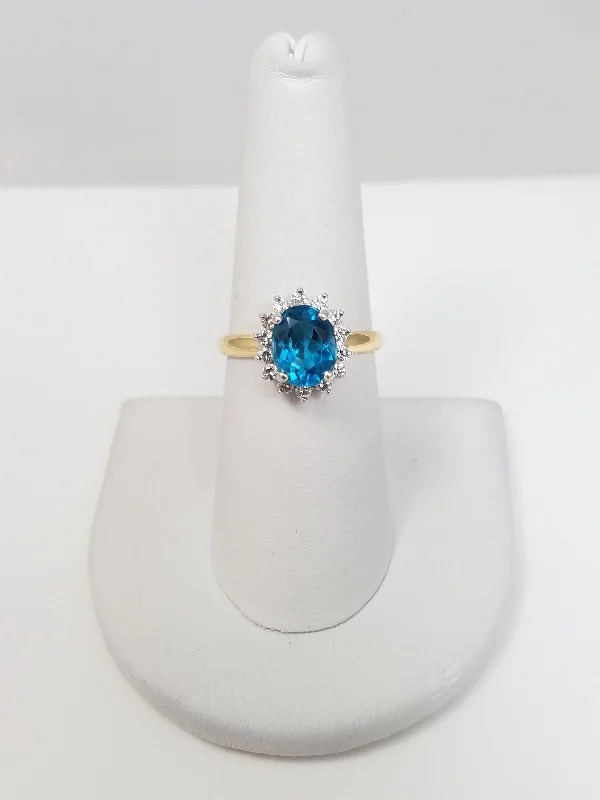 Ladies rings with cobalt sodalite -Gorgeous 2ct Natural Blue Topaz Diamond Halo Ring in 14k Yellow Gold