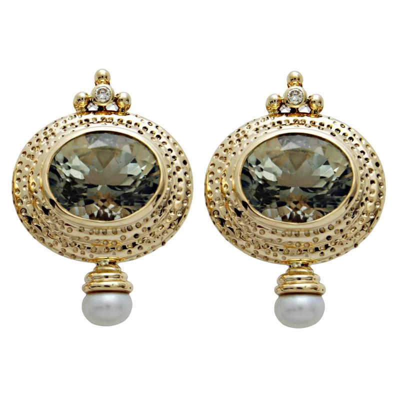 Ladies earrings chiseled sparkle -Earrings-Green Quartz, Pearl and Diamond  (1644C)