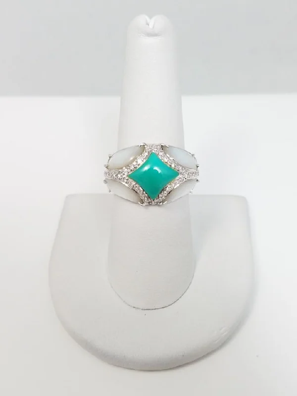 Ladies rings for video vibes -Luxurious 14k White Gold Natural Turquoise Mother Of Pearl Natural Diamond Custom Ring