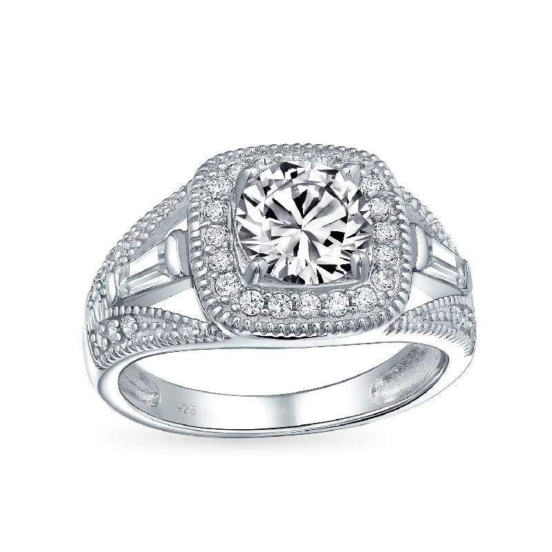 Ladies engagement rings polished vows -Vintage Art Deco 2CT CZ Halo Cushion Cut Engagement Ring Sterling Silver Band