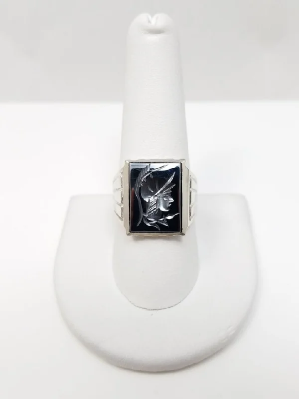 Ladies rings for storytellers -Cool Vintage 10k White Gold Hematite Intaglio Ring