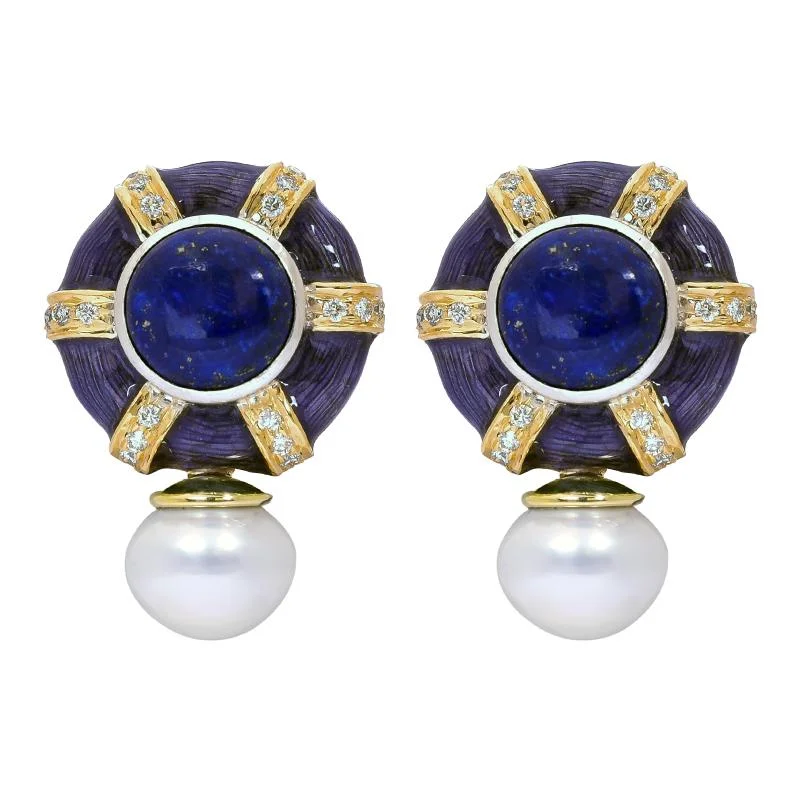 Ladies earrings for red-carpet vibes -Earrings- Lapis Lazuli, Sea South Pearl and Diamond (Enamel)  (40HM)