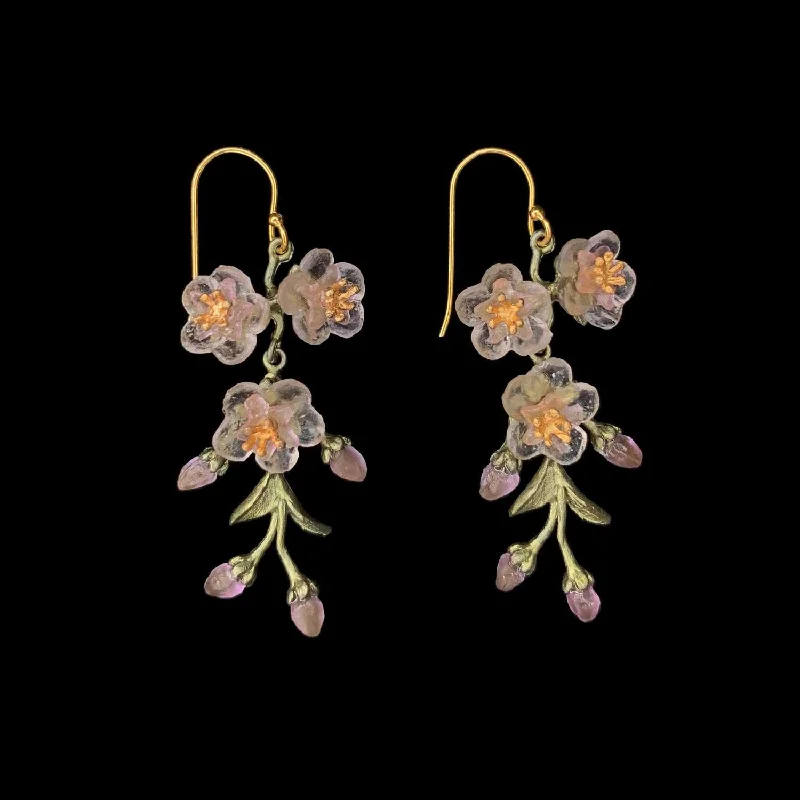 Ladies earrings with crown drops -Peach Blossom Earrings - 3-Flower Drop Wire