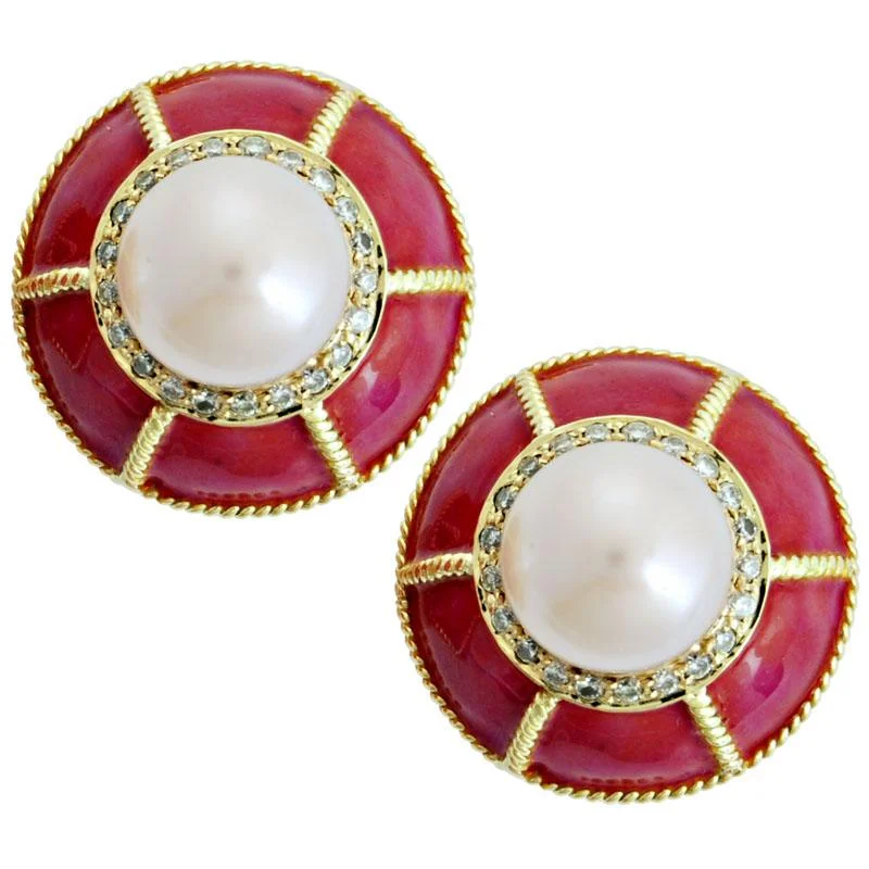 Ladies earrings simple elegance -Earrings-Pearl and Diamond (Enamel)  (1470G)