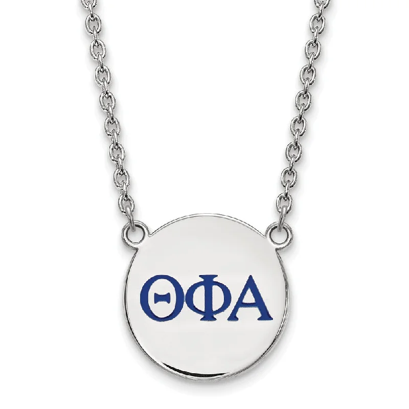 ladies-custom-pearl-necklaces-Sterling Silver Theta Phi Alpha Large Blue Enamel Greek Necklace