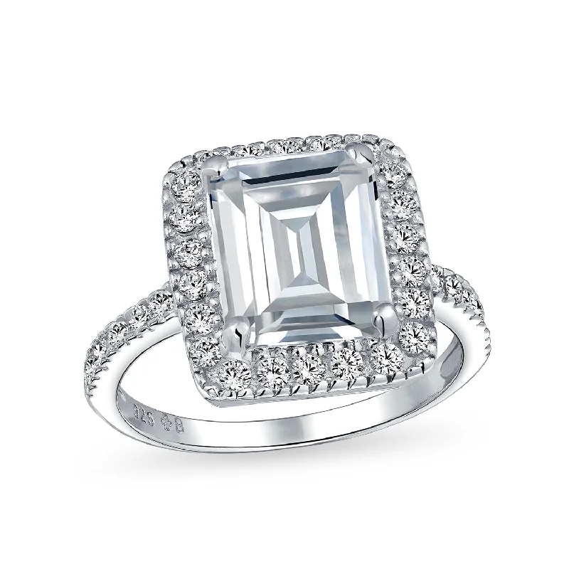 Ladies engagement rings for quiet love -Art Deco 5CT Emerald Cut CZ Halo Engagement Ring with Thin Pave Band Silver