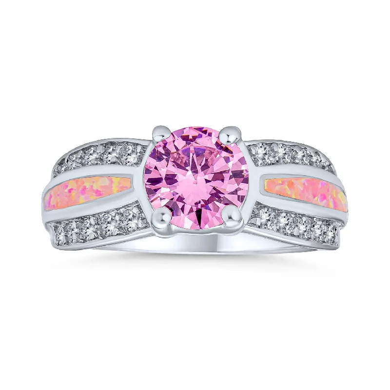 Ladies engagement rings for reader unions -Unique Pink AAA CZ Round Solitaire Engagement Ring with Opal Inlay Band