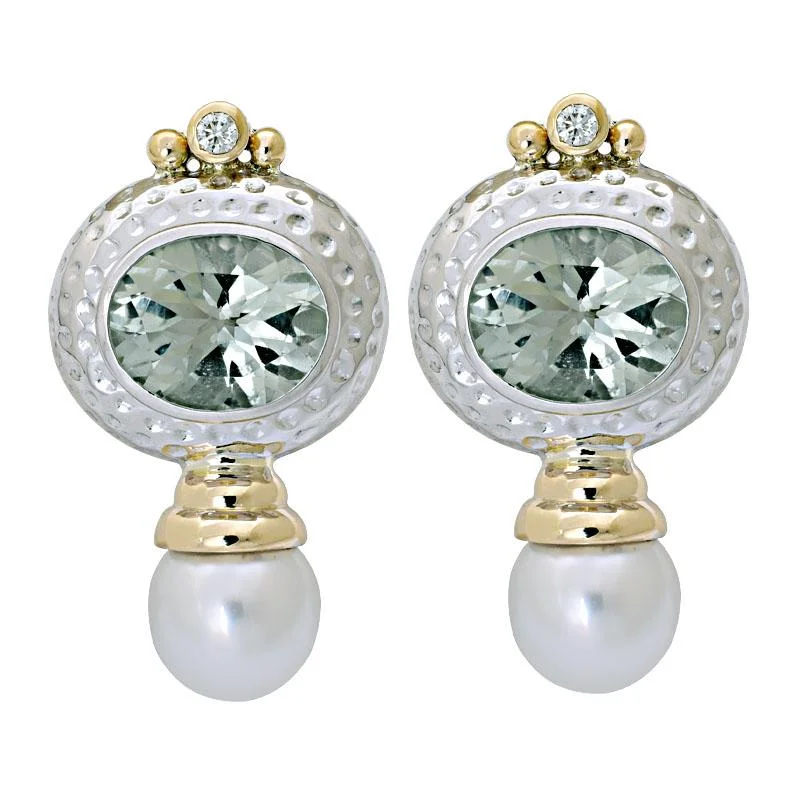 Ladies earrings with arch studs -Earrings-Green Quartz, South Sea Pearl and Diamond  (8AM)