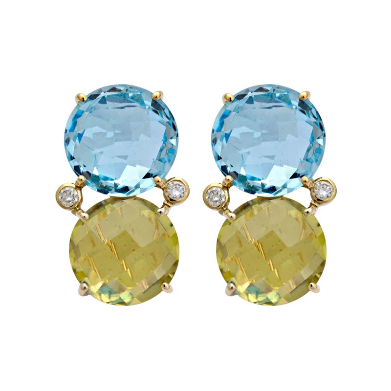 Ladies earrings with star studs -Earrings-Blue Topaz, Lemon Quartz and Diamond