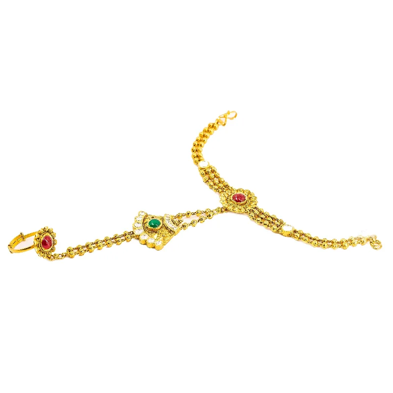 ladies-fashion-rose-gold-bracelets-22K Yellow Gold Panja Finger Bracelet W/ Kundan & Multi-Strand Bead Chain