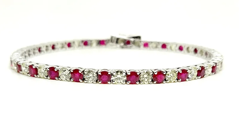 ladies-vintage-pearl-bracelets-Alternating Size Ruby and Diamond Bracelet in 14k White Gold