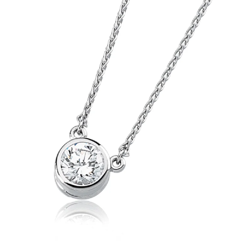 ladies-rustic-diamond-necklaces-Cubic Zirconia and 14k White Gold Solitaire Necklace