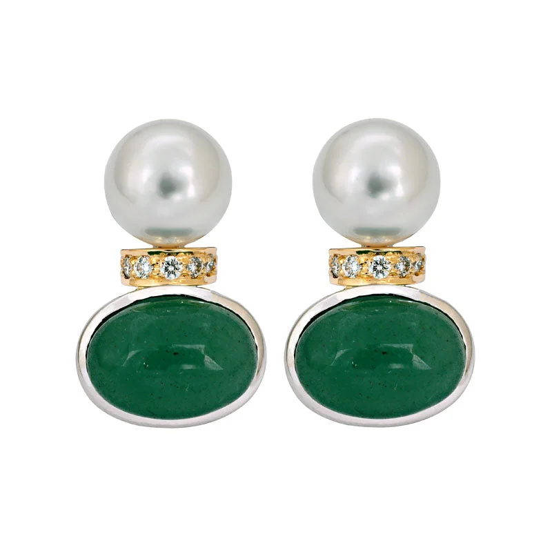 Ladies earrings polished sparkle -Earrings- Aventurine, South Sea Pearl and Diamond