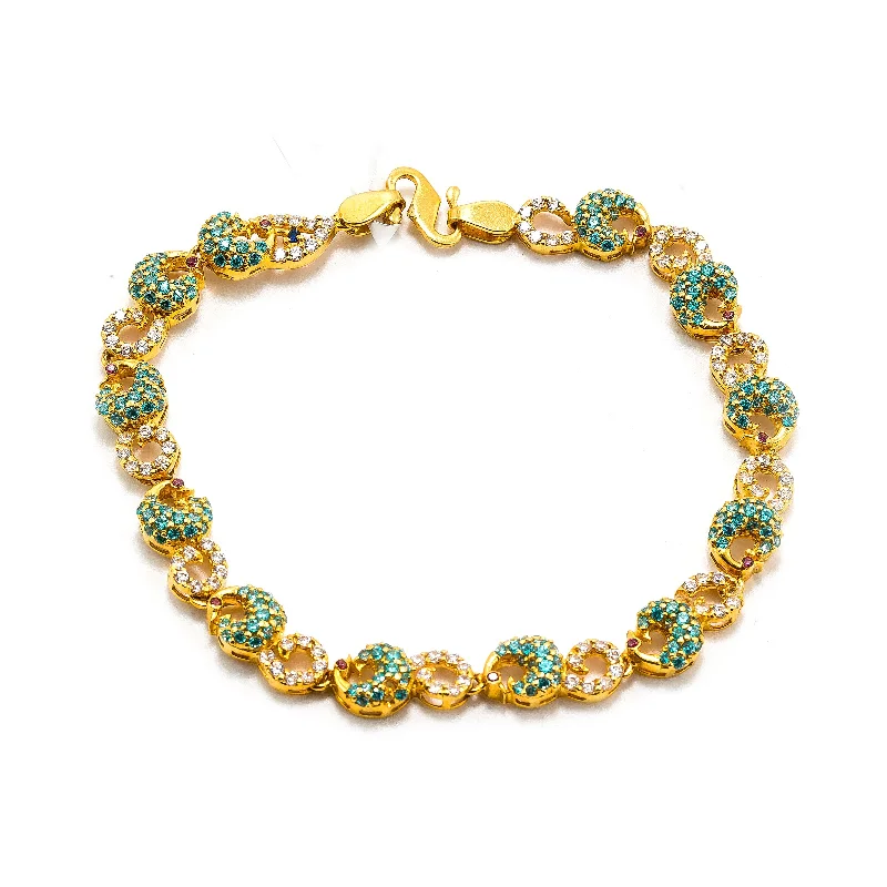 ladies-trendy-gold-bracelets-22K Yellow Gold Bracelet W/ Multi Colored CZ Gems & Curled Peacock Accents