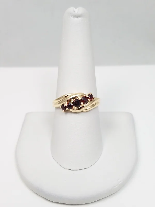 Ladies rings with owl motifs -Simple 14k Yellow Gold Natural Garnet Ring Band