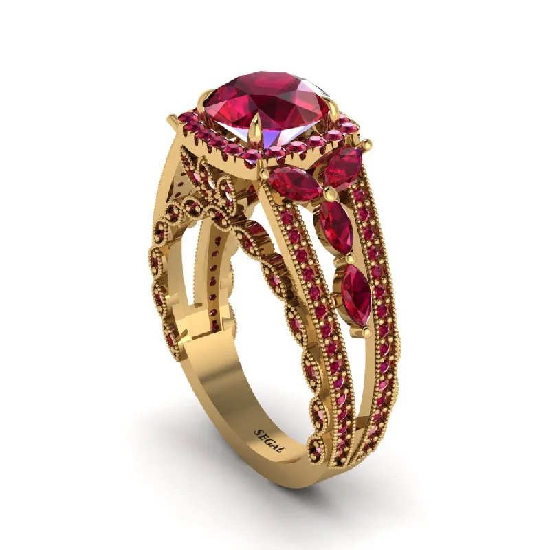 Ladies engagement rings with talon settings -Ruby Eternal Embrace Double Shank Filigree Engagement Ring - Celine No. 55