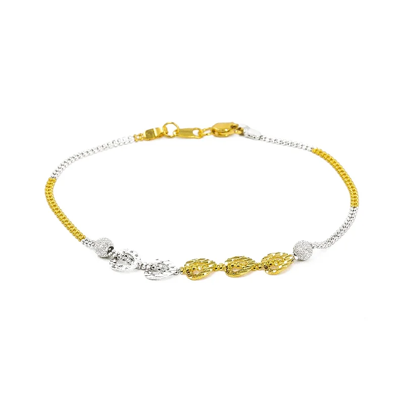 ladies-minimalist-silver-bracelets-22K Multi Tone Gold Bracelet W/ Double Beaded Chain & Heart Shaped Disc Accents