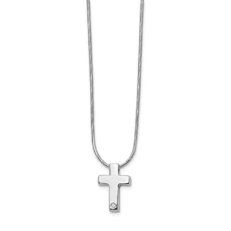 ladies-elegant-gold-necklaces-.01 Ct. Diamond Cross & Snake Chain Necklace in Rhodium Plated Silver