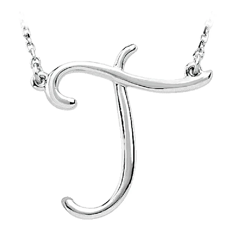 ladies-sterling-silver-bar-necklaces-14k White Gold, Olivia Collection, Medium Script Initial T Necklace